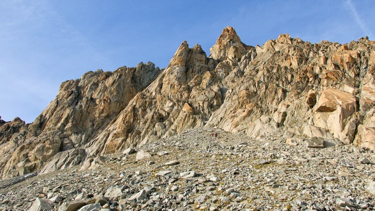 The south side of the Aiguille d'Orny above the scree slope of the approach