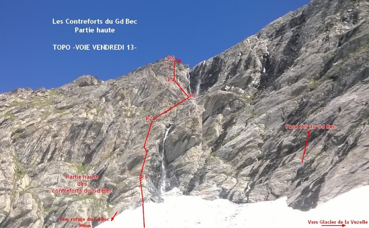 Photo-topo of Vendredi 13 on the upper Contreforts du Grand Bec, with belays R1 to R5