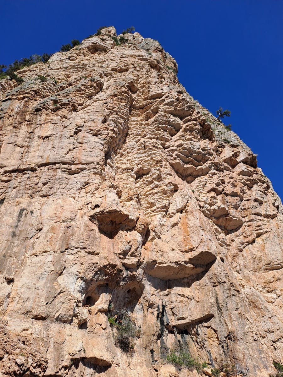 The face seen from the foot of the route, after the abseil.
