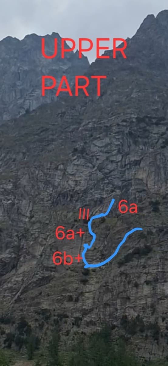 The wall from further back, with the upper part of Lockdown and its pitch grades drawn on by the route's contributor.
