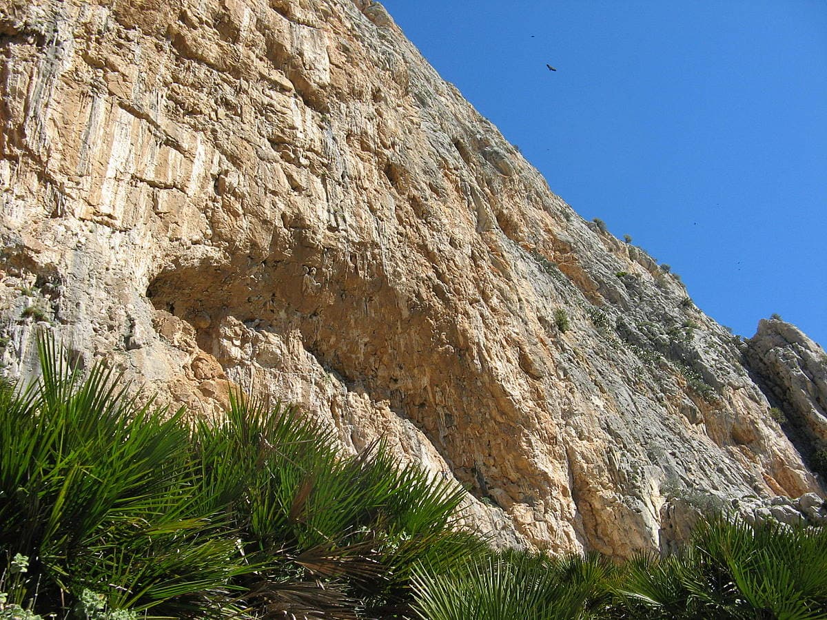 The Poema de Roca cave at the foot of the Frontales wall, seen from the path below. Mal de Ojo starts just right of this cave.