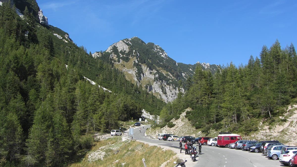 Roadside parking at the top of the Vršič pass (1,611 m), where the walk-in starts.