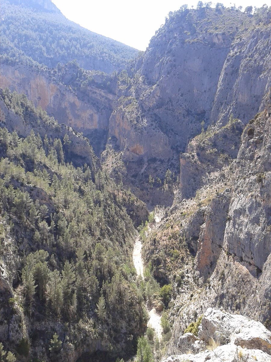 The Barranco de la Maimona at Montanejos seen from above: the pale stream bed on the gorge floor is what you walk up to reach the climbing sectors. Los Calpes is about 15 minutes up it from the refuge.