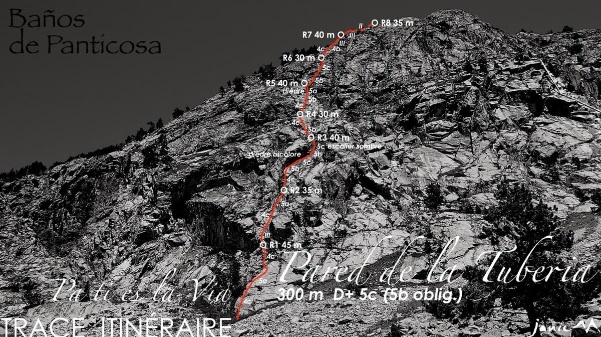 The Pared de la Tubería with the neighbouring route Pa ti es la vía drawn in from the lowest point of the wall. Roca por un Tubo starts to the right of it.