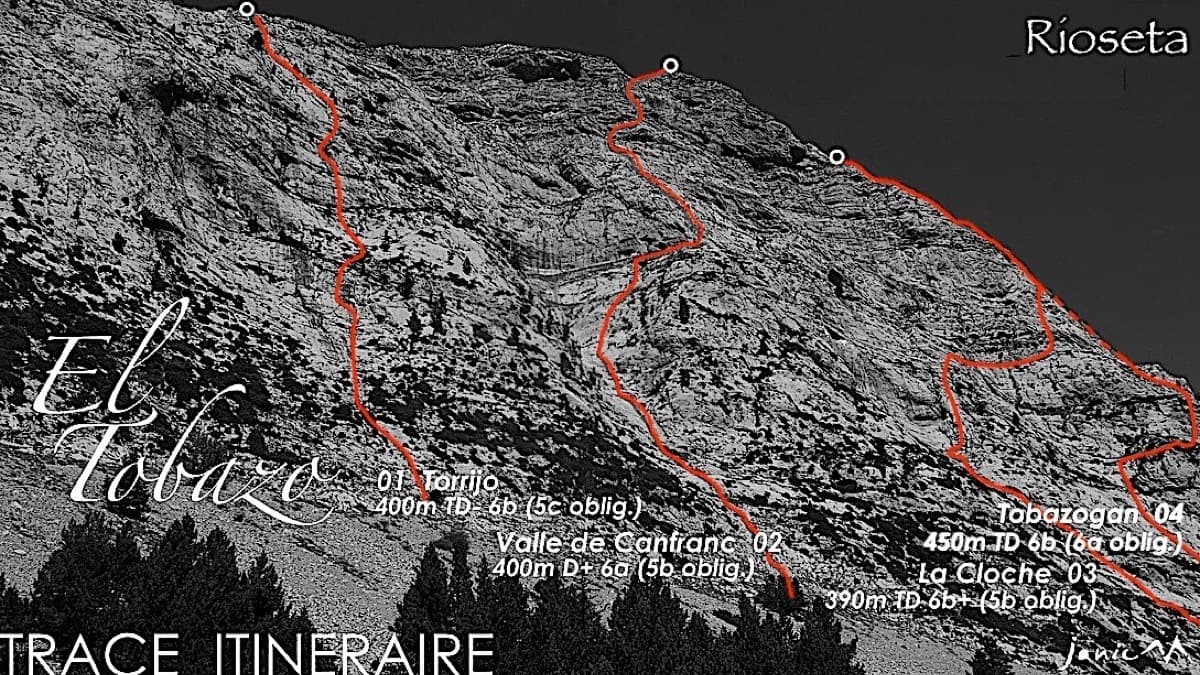 The south face of El Tobazo above Rioseta with its routes drawn in: Valle de Canfranc is line 02, between Torrijo (01) on the left and La Cloche and Tobazogan on the right.