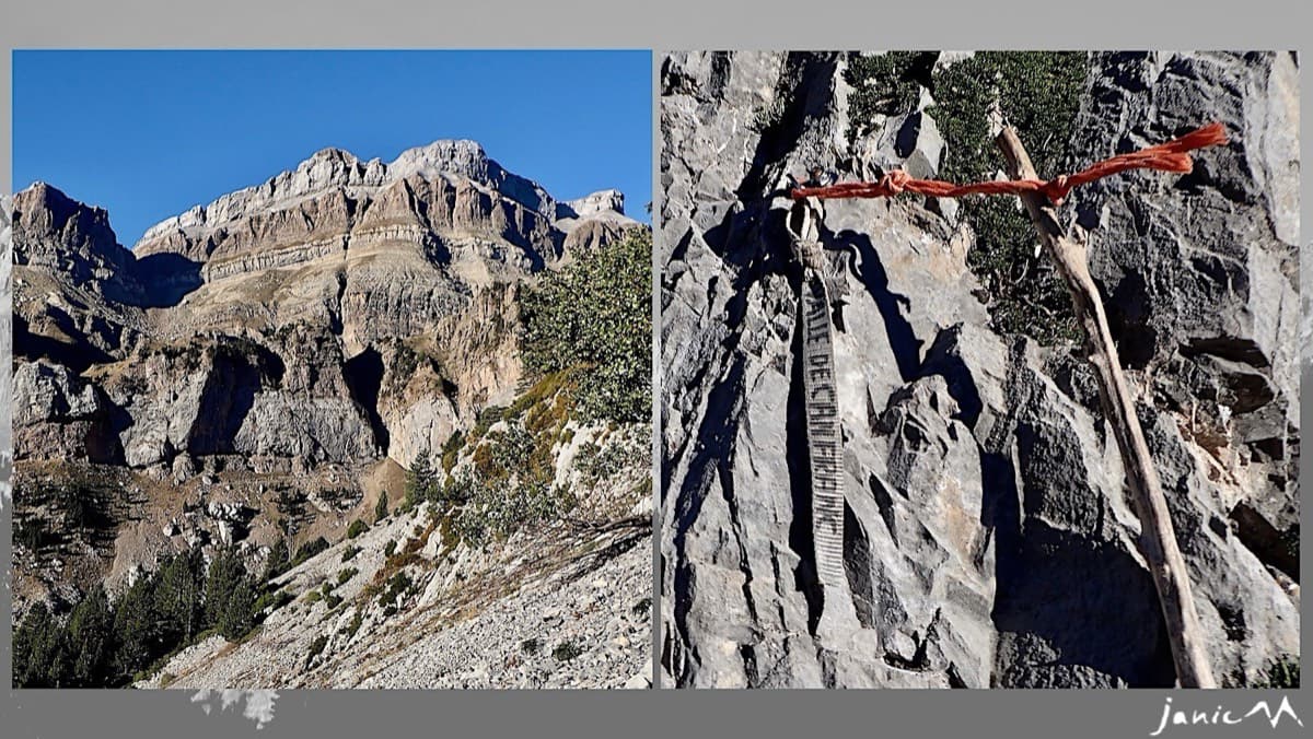 The scree below the wall and the start itself (September 2026): a single bolt with a sling bearing the route name, beside a stick tied with red tape.