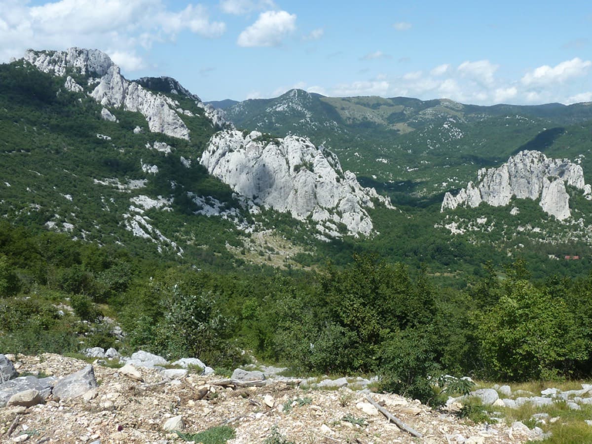 The white crags of the Dabarski kukovi seen from the pass on the drive in, where the face first comes into view (photographer's title: "the face, seen from the pass"). July 2023.
