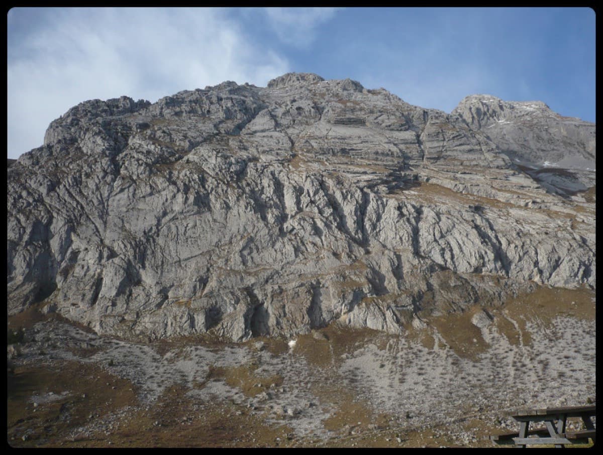 The south face of the Pic de Jallouvre, which carries many routes, with the Pointe Blanche.