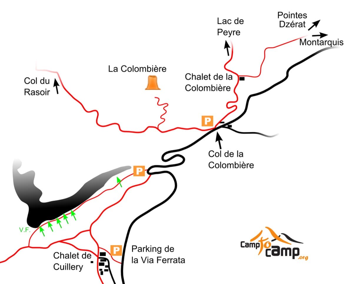 Sketch map of the Col de la Colombière road: the car park (P) at the hairpin just below the col on the Grand-Bornand side lies under the Jallouvre cliff (black), with the col car park and the via ferrata car park also marked.