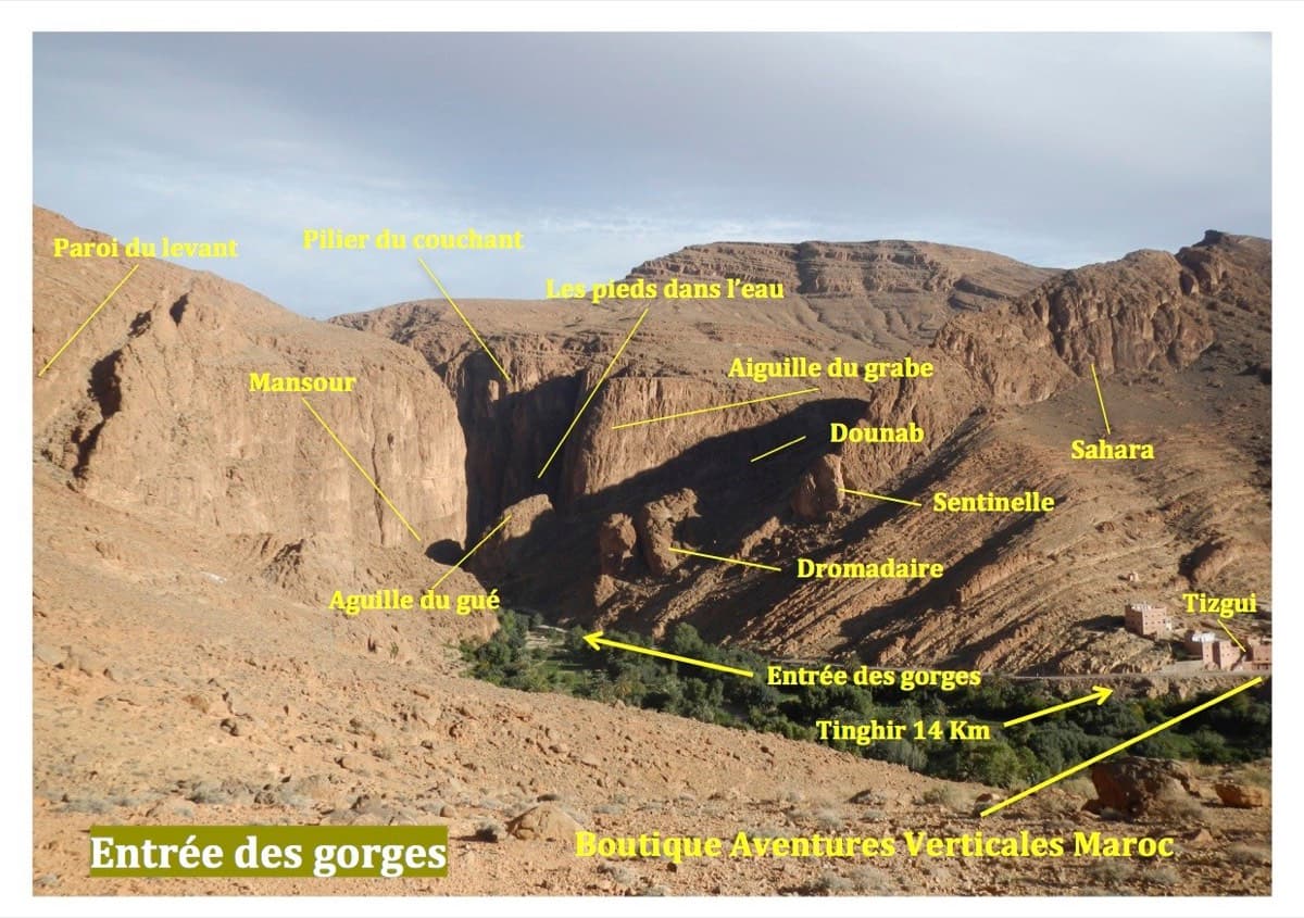 The gorge entrance from the hillside above Tizgui with the sectors labelled: the Paroi du Levant is at the far left, left of the Mansour wall; Tizgui is at the bottom right.