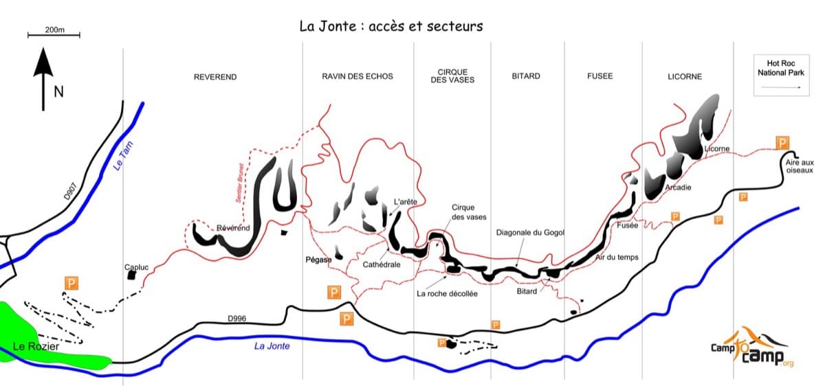 Sketch map of the Jonte sectors and access: the D996 car parks (P), Capluc, the paths in red and the Ravin des Échos sector with L'Arête, Pégase and the Cathédrale.