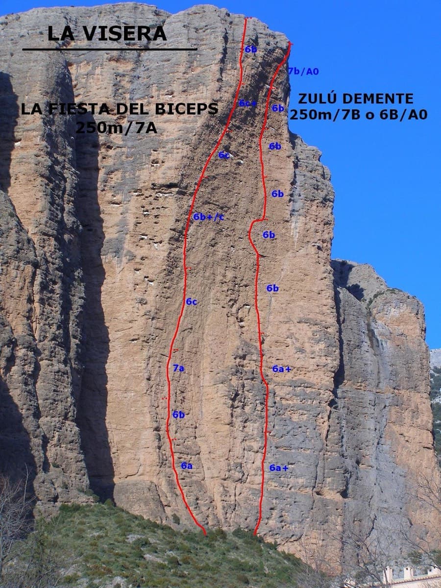 La Visera with two lines drawn in red: La Fiesta de los Bíceps on the left and Zulú Demente on the right, starting at the right-hand side of the face.