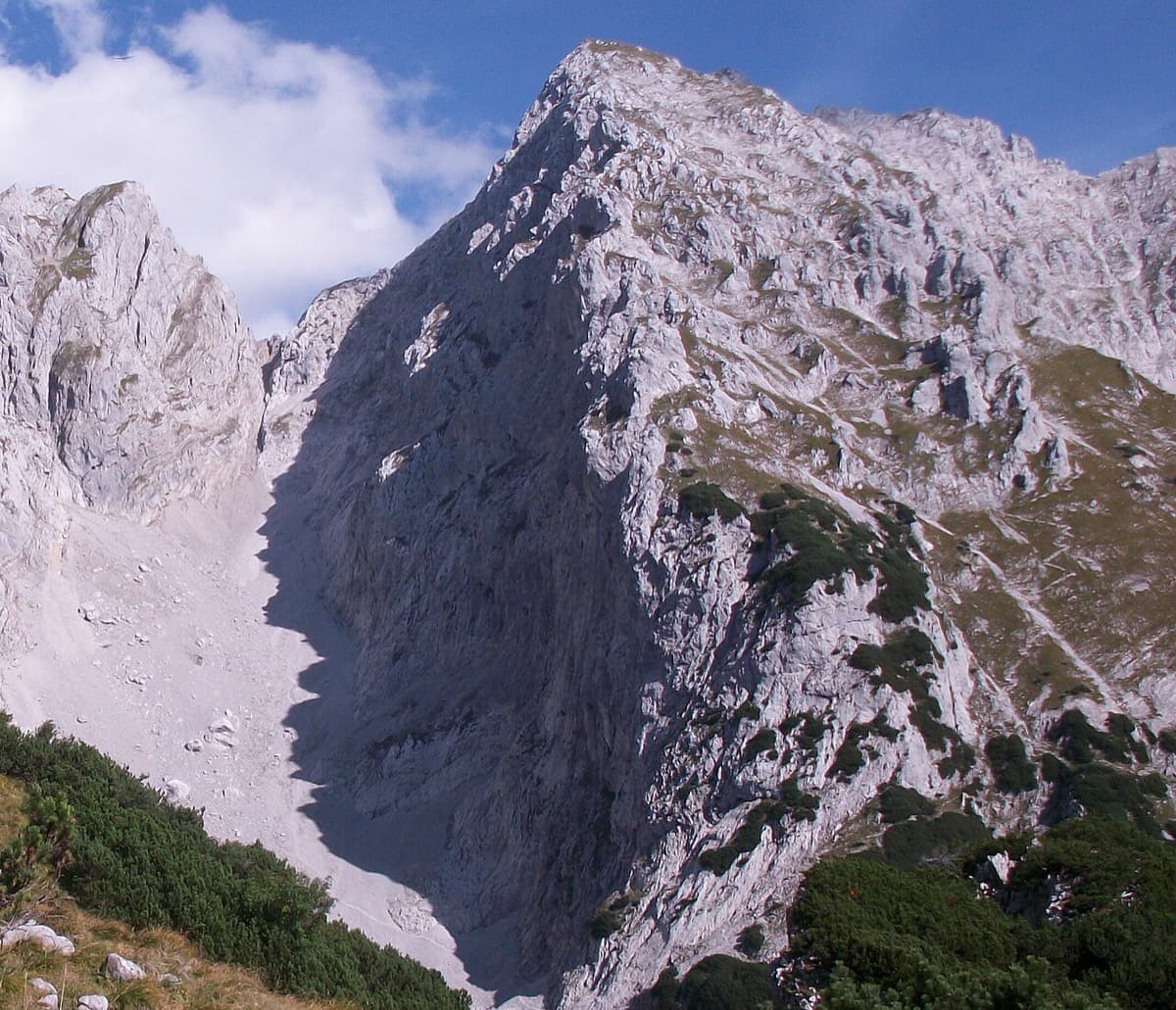 The Schneekar and the north side of the Treffauer, where the route climbs the lower rocks beside the normal route