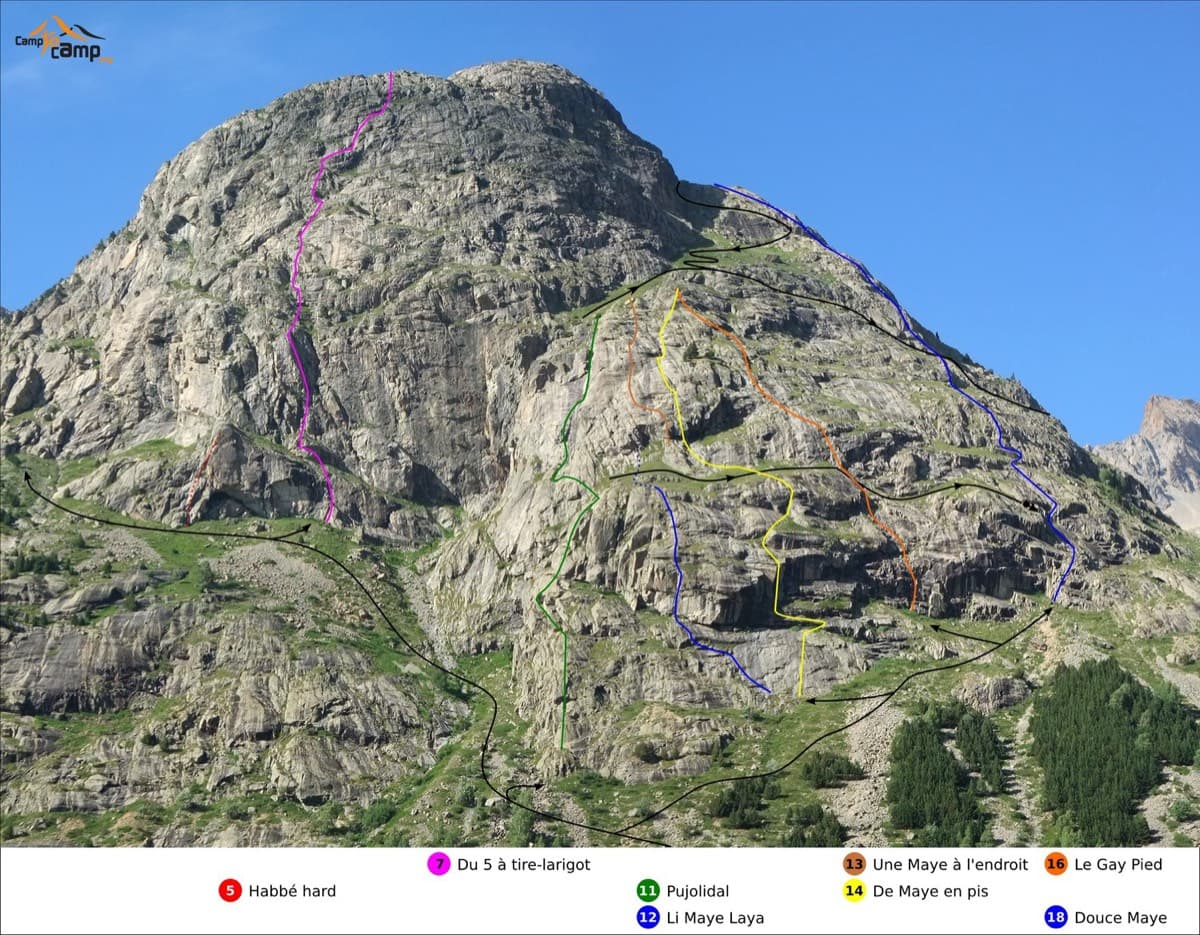 Routes on the south face of the Tête de la Maye; Pujolidal is the green line (number 11)