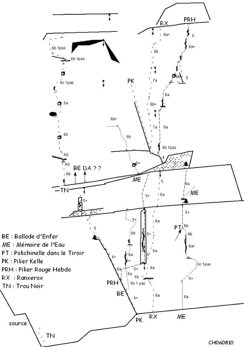 Sketch topo of the Ranxerox sector of the Tête d'Aval; La mémoire de l'eau is the line marked ME
