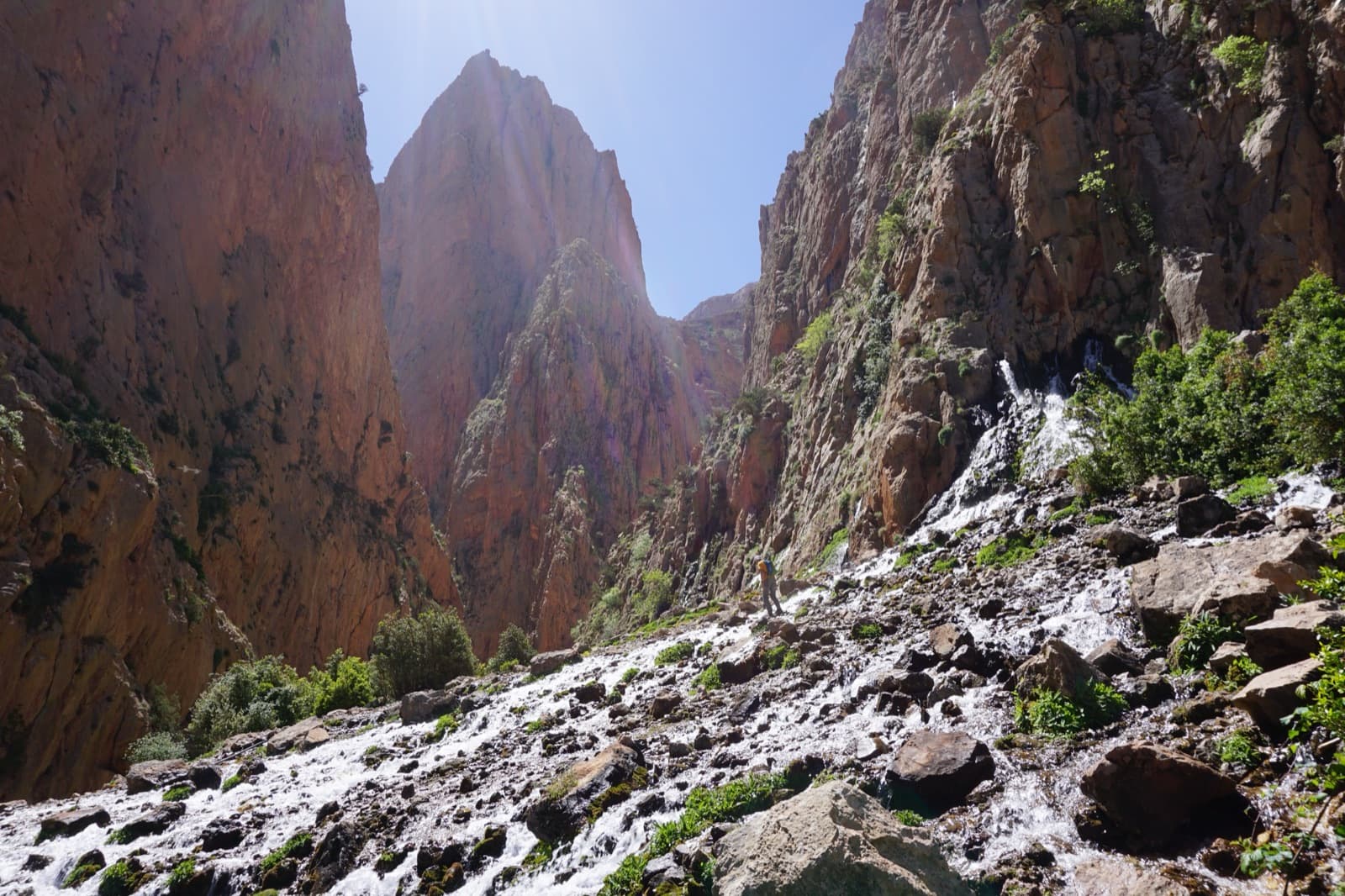 The springs of Taghia at the mouth of the canyon, below the Paroi des Sources, with the Taoujdad behind.