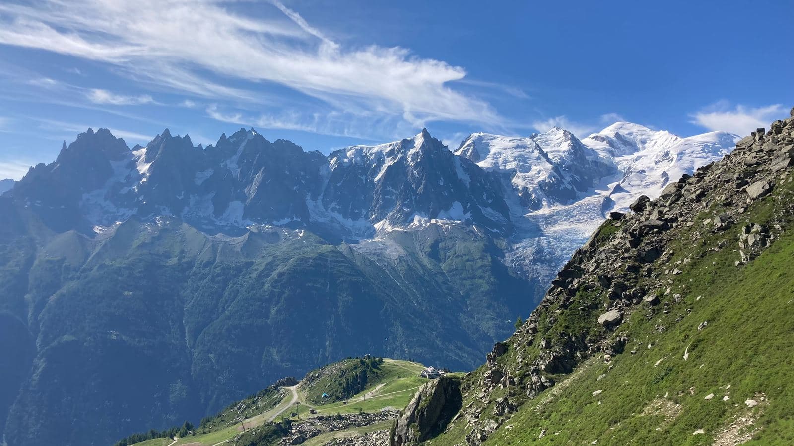 On the approach path, looking across the Chamonix valley to the Aiguilles and Mont Blanc