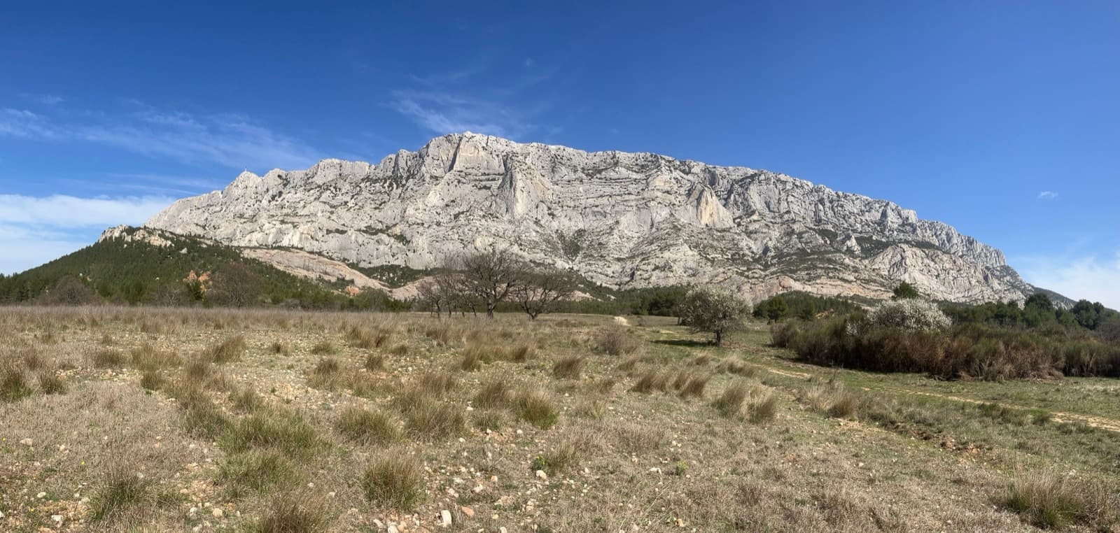 The whole south side of the Montagne Sainte-Victoire in early spring; the Socle de la Carrière is one small part of this long face.