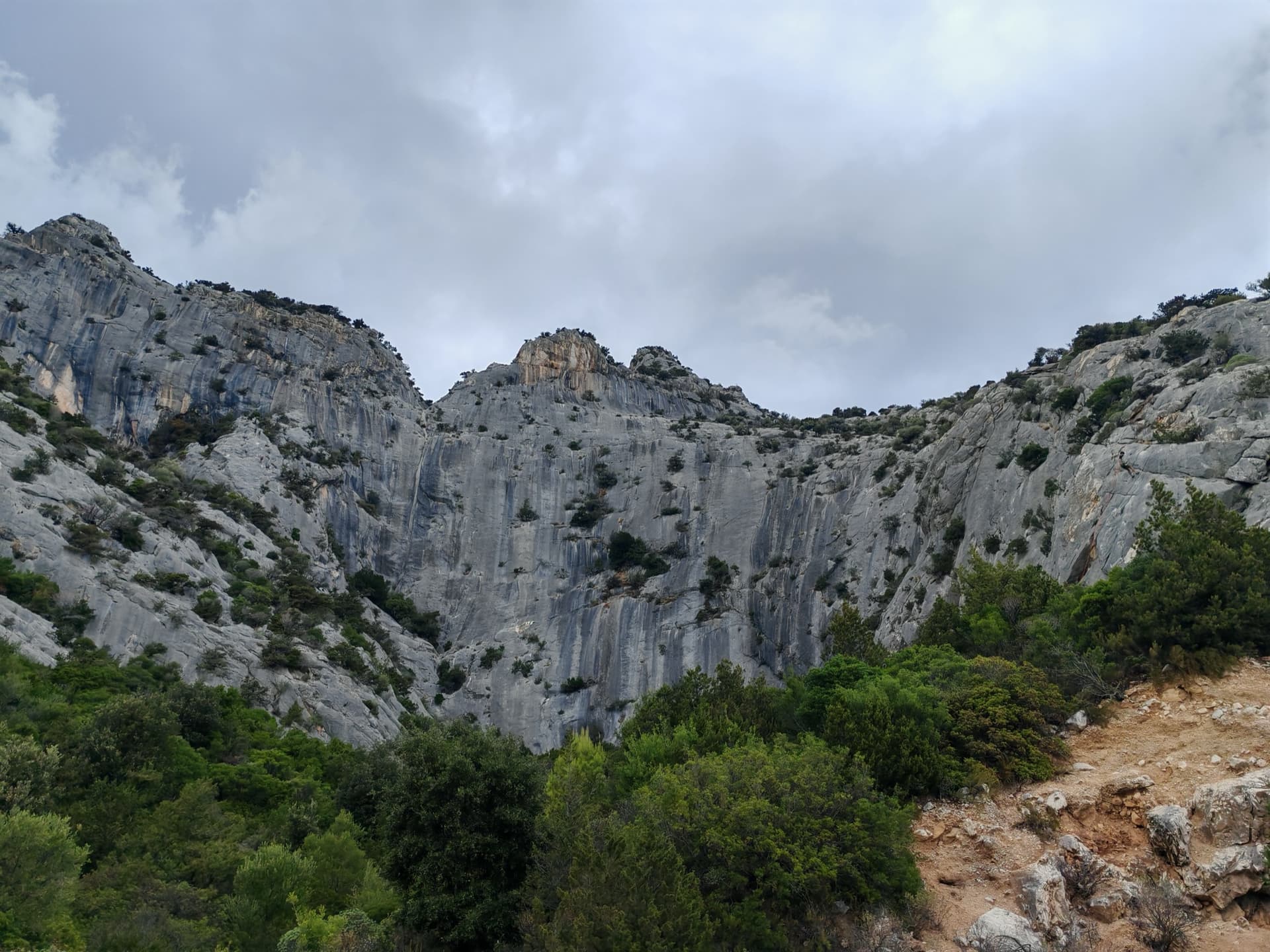 The grey limestone amphitheatre of La Poltrona above Cala Gonone, seen from the approach path.