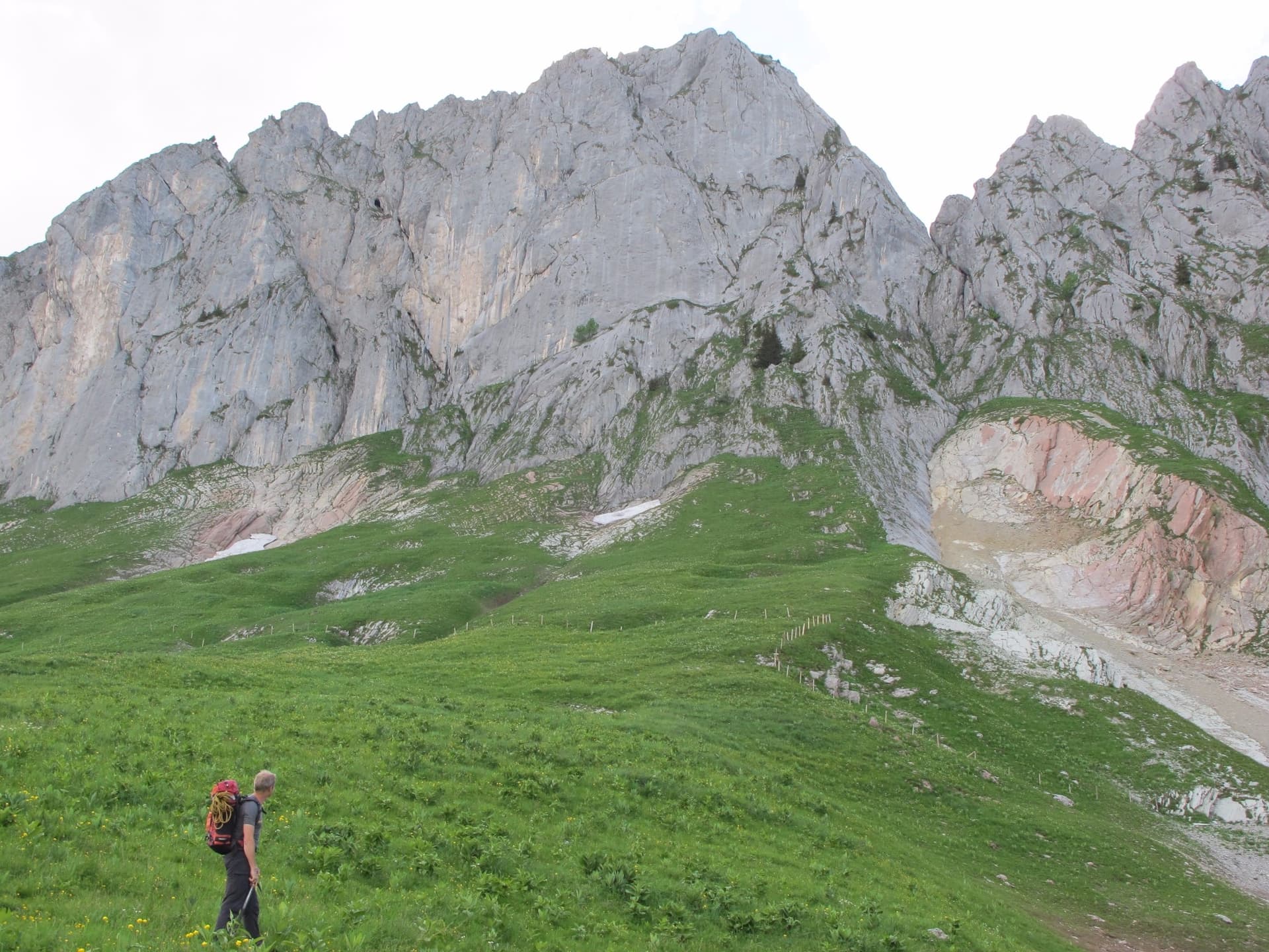 The Gross Turm in the Gastlosen from the pastures below; Pappy's Turm climbs this face.