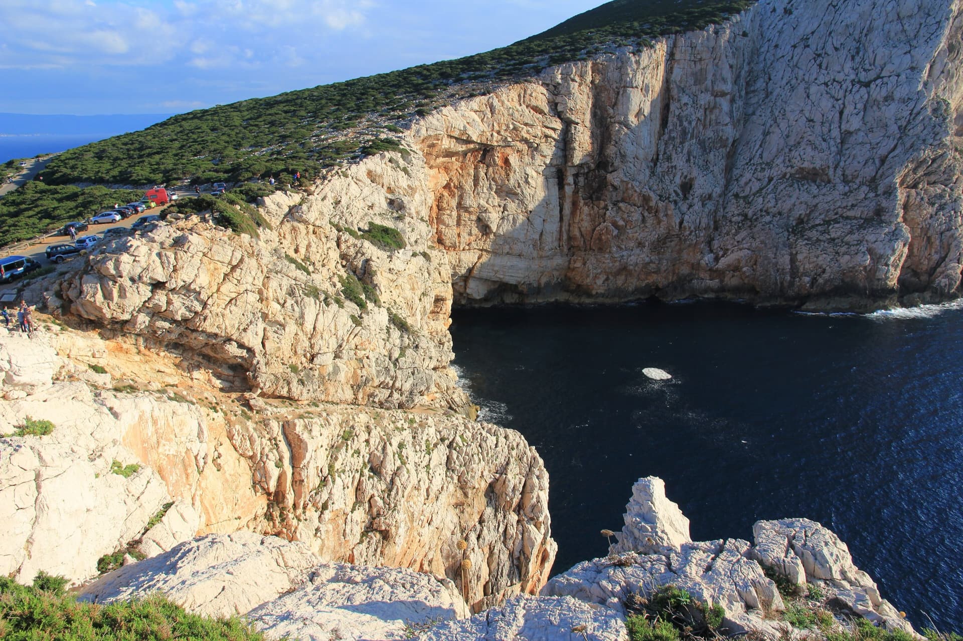 The limestone sea cliffs of Capo Caccia below the Foradada viewpoint car park, dropping straight into the sea.