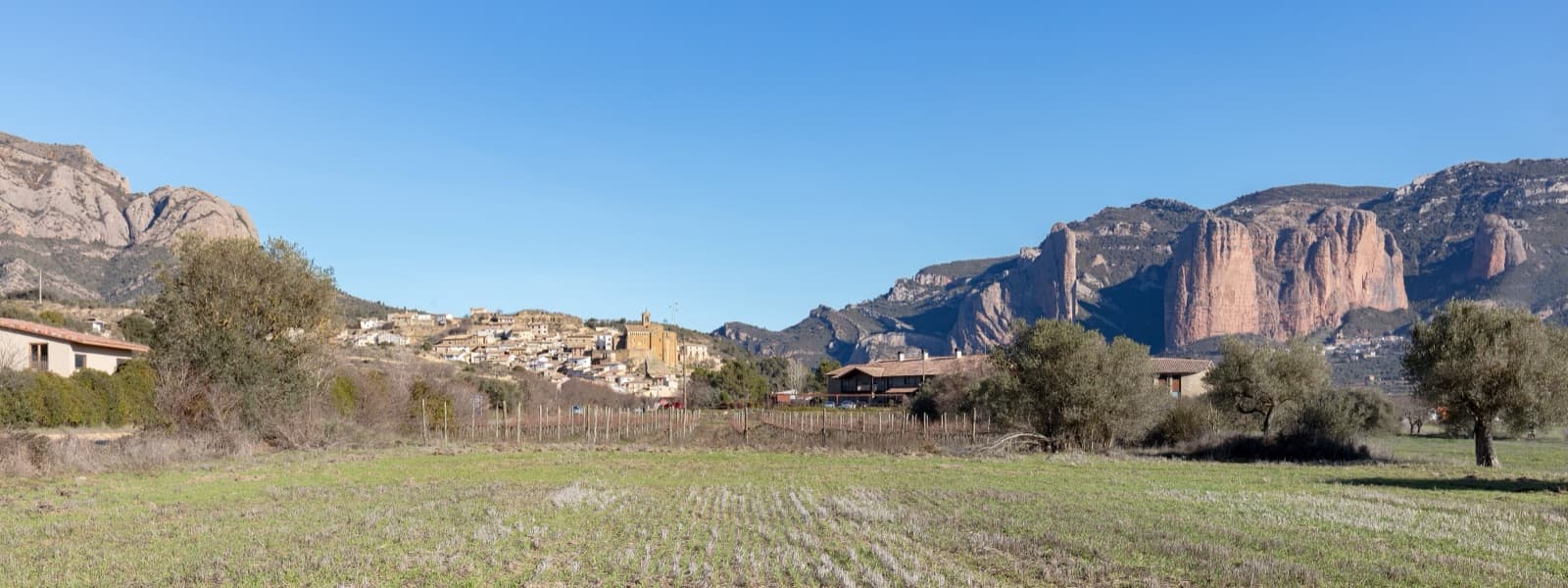 Murillo de Gállego with Peña Rueba rising on the left and the Mallos de Riglos on the right, from the fields south of the village.
