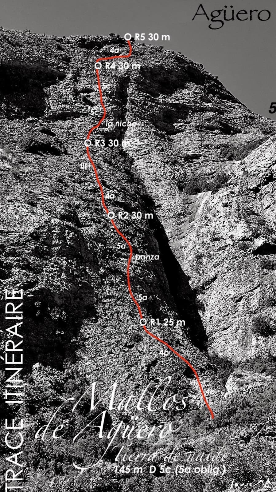 Photo-topo of Tierra de Naide on the east face of the Mallos de Agüero, with belays and pitch grades marked.