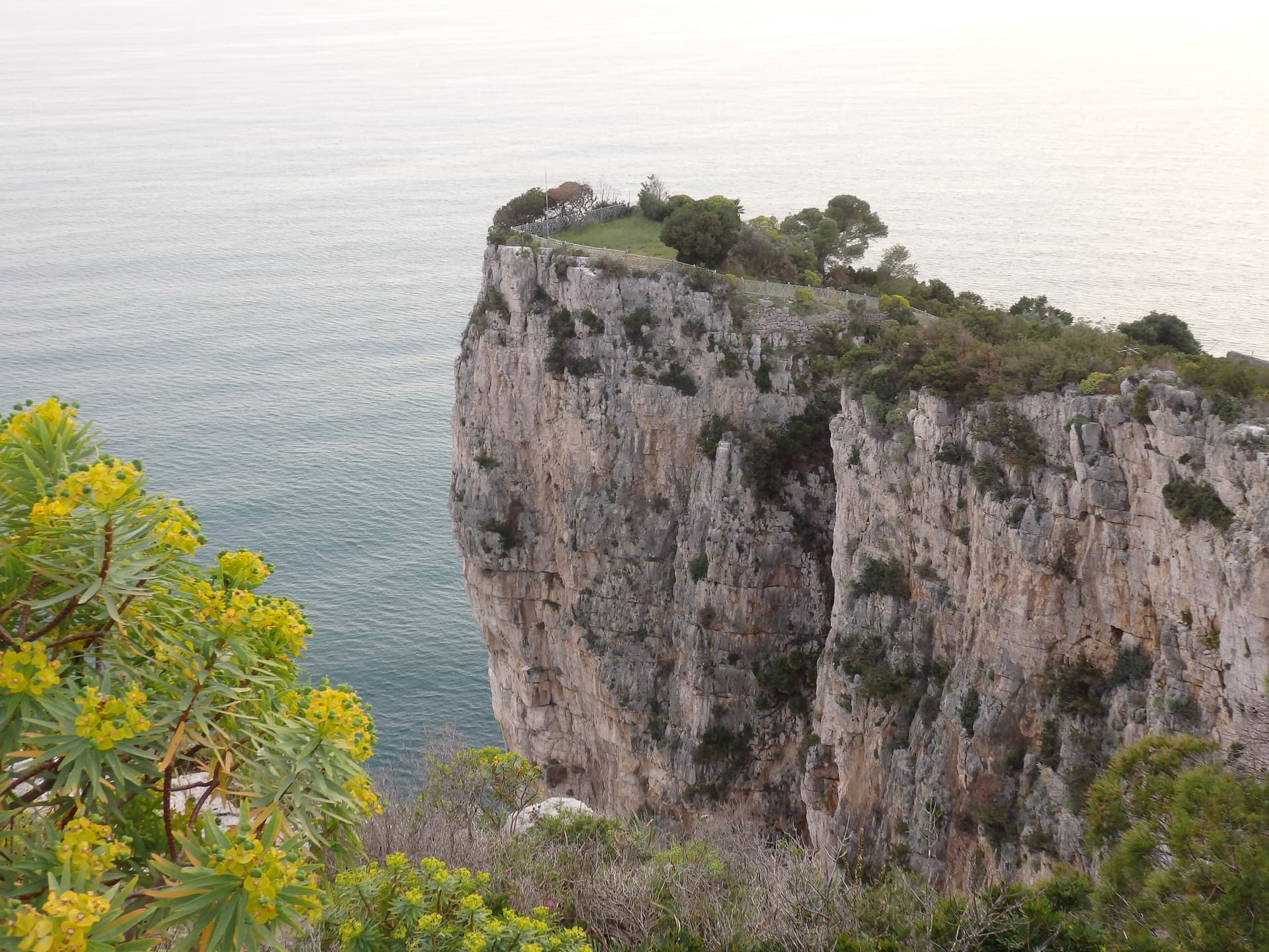 The limestone sea cliff of the Montagna Spaccata on Monte Orlando, Gaeta, dropping from the park's edge into the Tyrrhenian Sea. Via dello Spigolo is on these cliffs; the exact line is not marked.