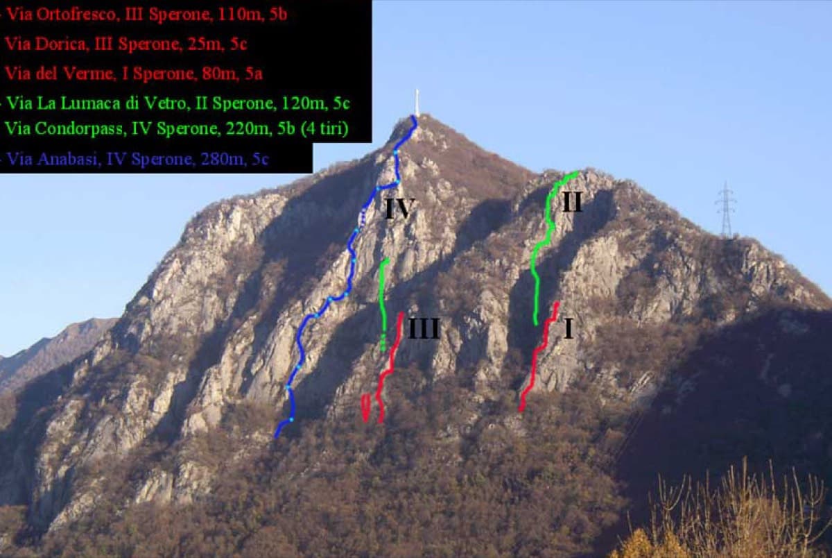 The spurs of the Zucco dell'Angelone above Barzio with route lines marked; Condorpass is on the fourth spur (IV)