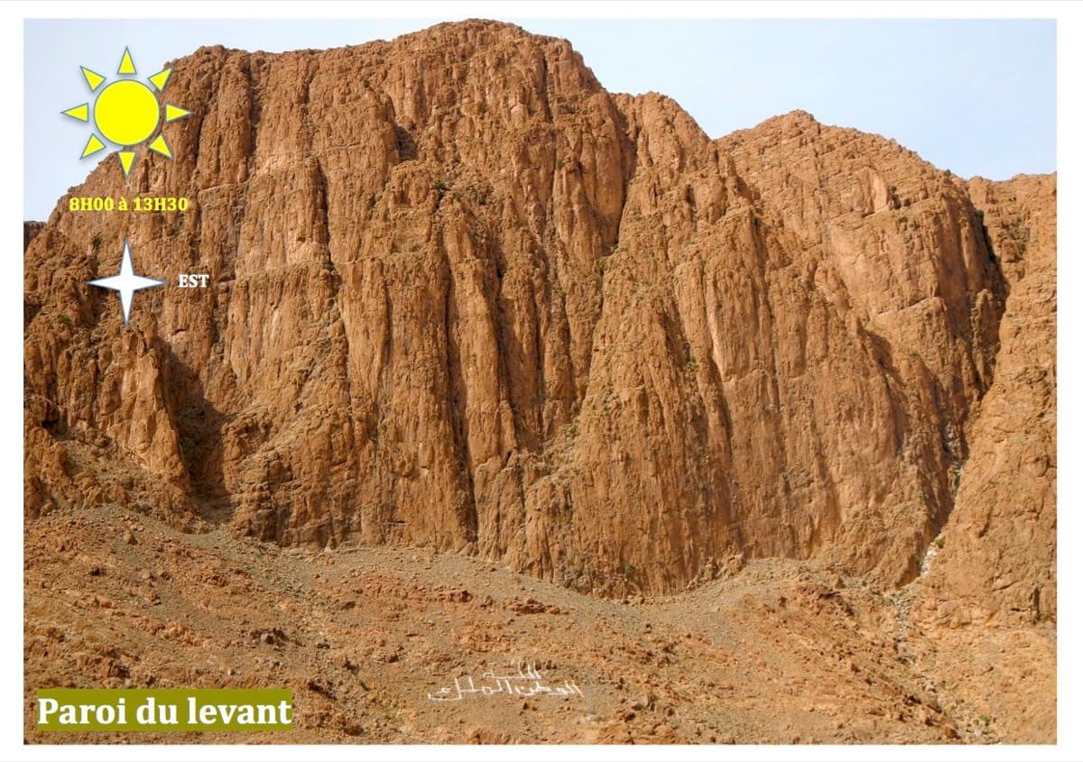 The Paroi du Levant above Tizgui, with the sun hours for the wall; Voie Tifégha is at its left end