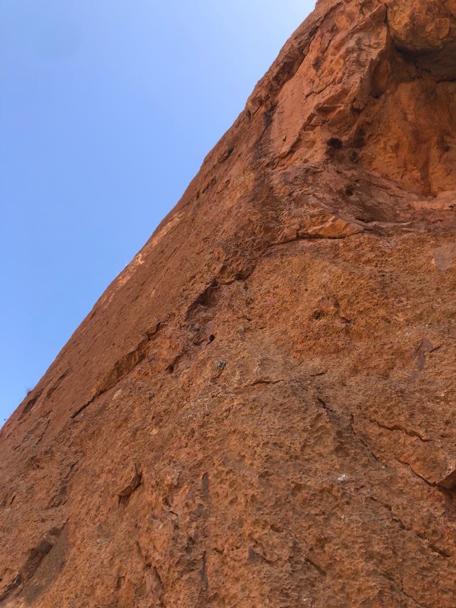 Looking up the third pitch of Champion du Maroc on the west face of the Taoujdad
