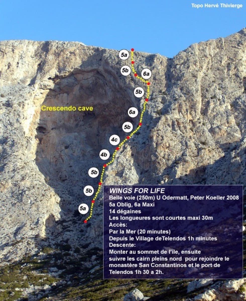 Topo of Wings for Life, right of the Crescendo cave, Telendos south face