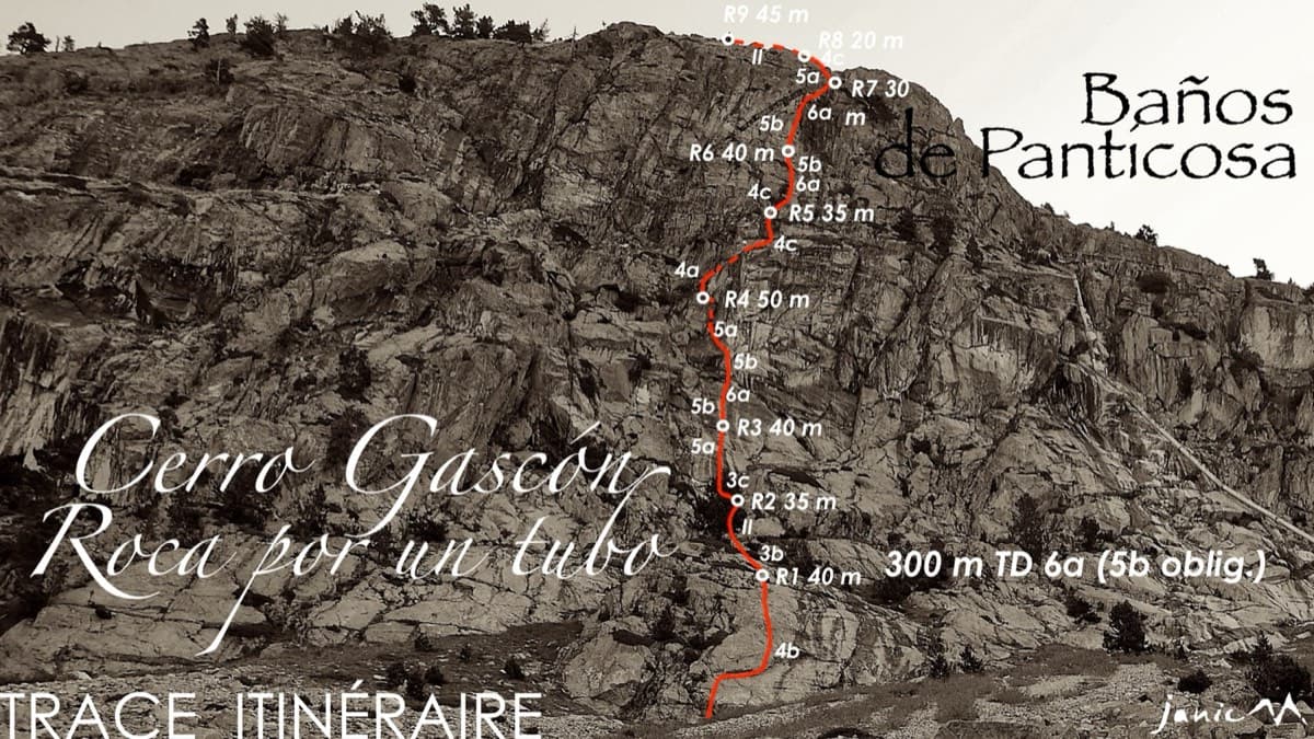 Topo of Roca por un Tubo, Pared de la Tubería (Cerro Gascón), Baños de Panticosa