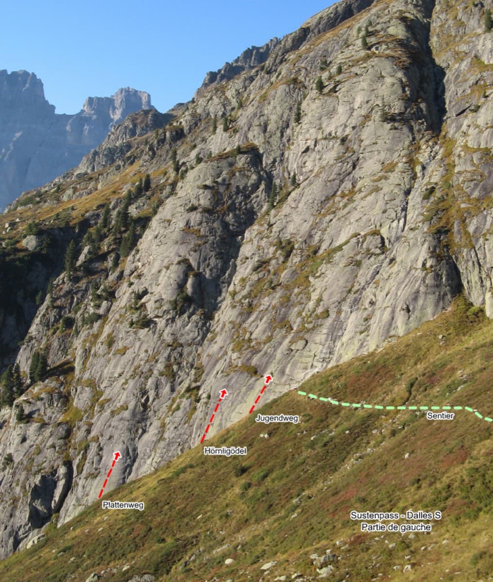 Sustenpass south slabs, left part, with the start of Plattenweg marked