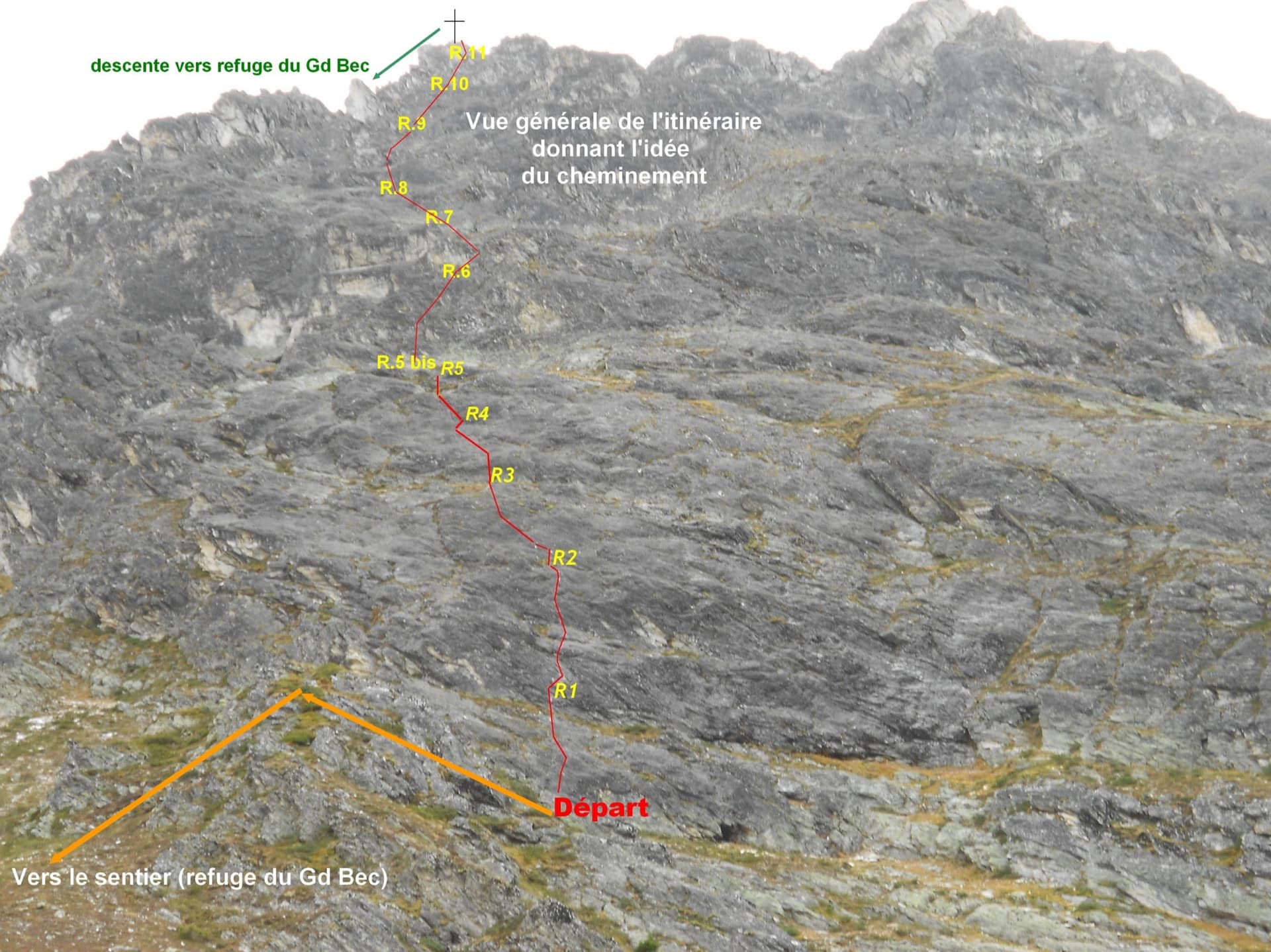General view of Eau de mai on the north face of the Pointe de la Vuzelle, with the start and belays R1 to R11 marked