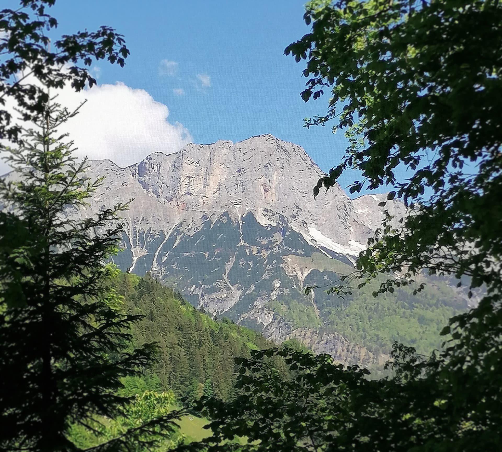 The south face of the Berchtesgadener Hochthron seen from above Maria Gern; the Doriweg climbs the lower wall to the right of the main face