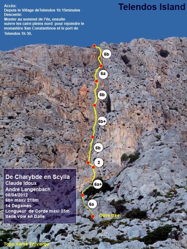 Photo-topo of De Charybde en Scylla on the south face of Telendos, with belays and pitch grades