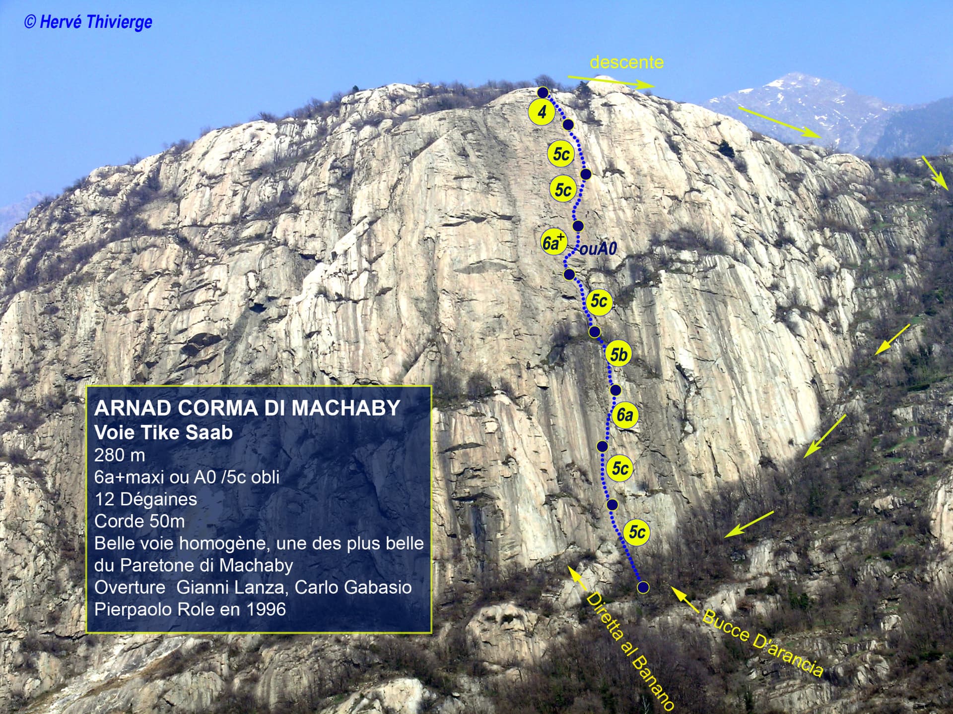 Photo-topo of Tike Saab on the Corma di Machaby above Arnad, with pitch grades and the walk-off marked