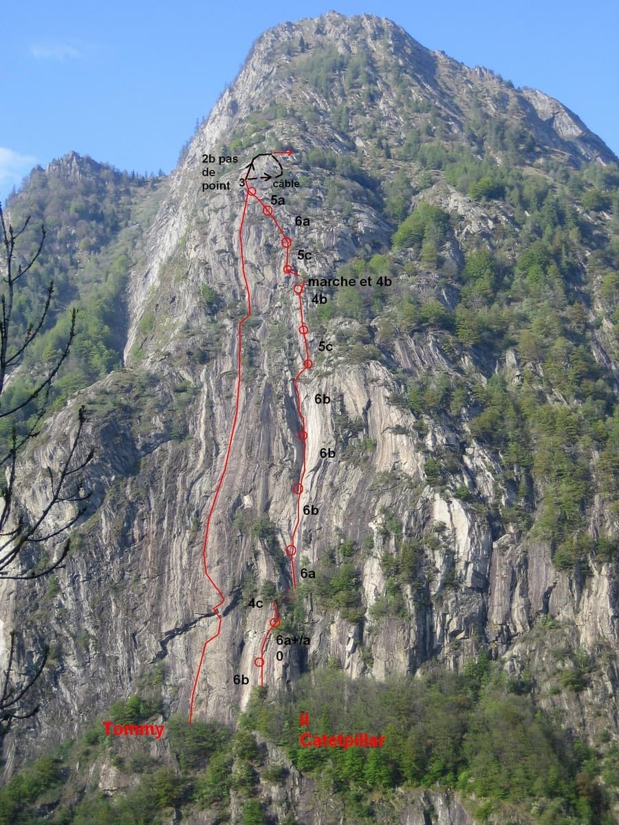 The south-west face of Mont Charvatton above Terrisse with the lines of Tommy (left) and Caterpillar (right)