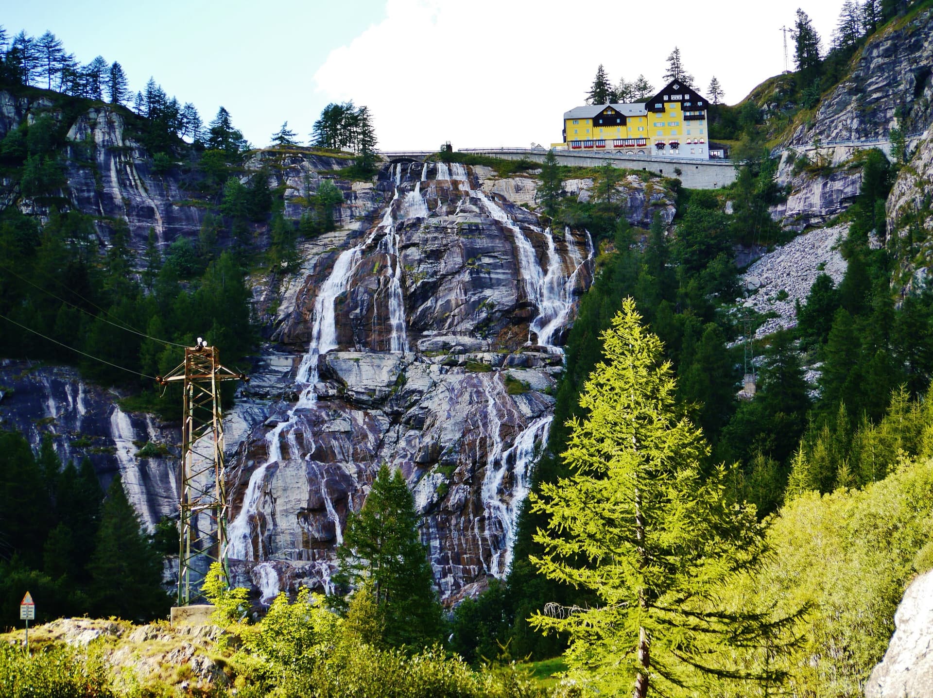 The Toce waterfall at La Frua; Zar climbs the slabs beside the fall