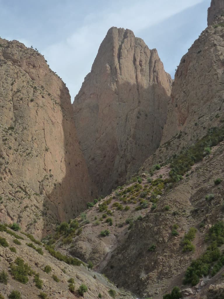 Looking up the Taghia gorge to the Paroi des Sources (left) and the Taoujdad
