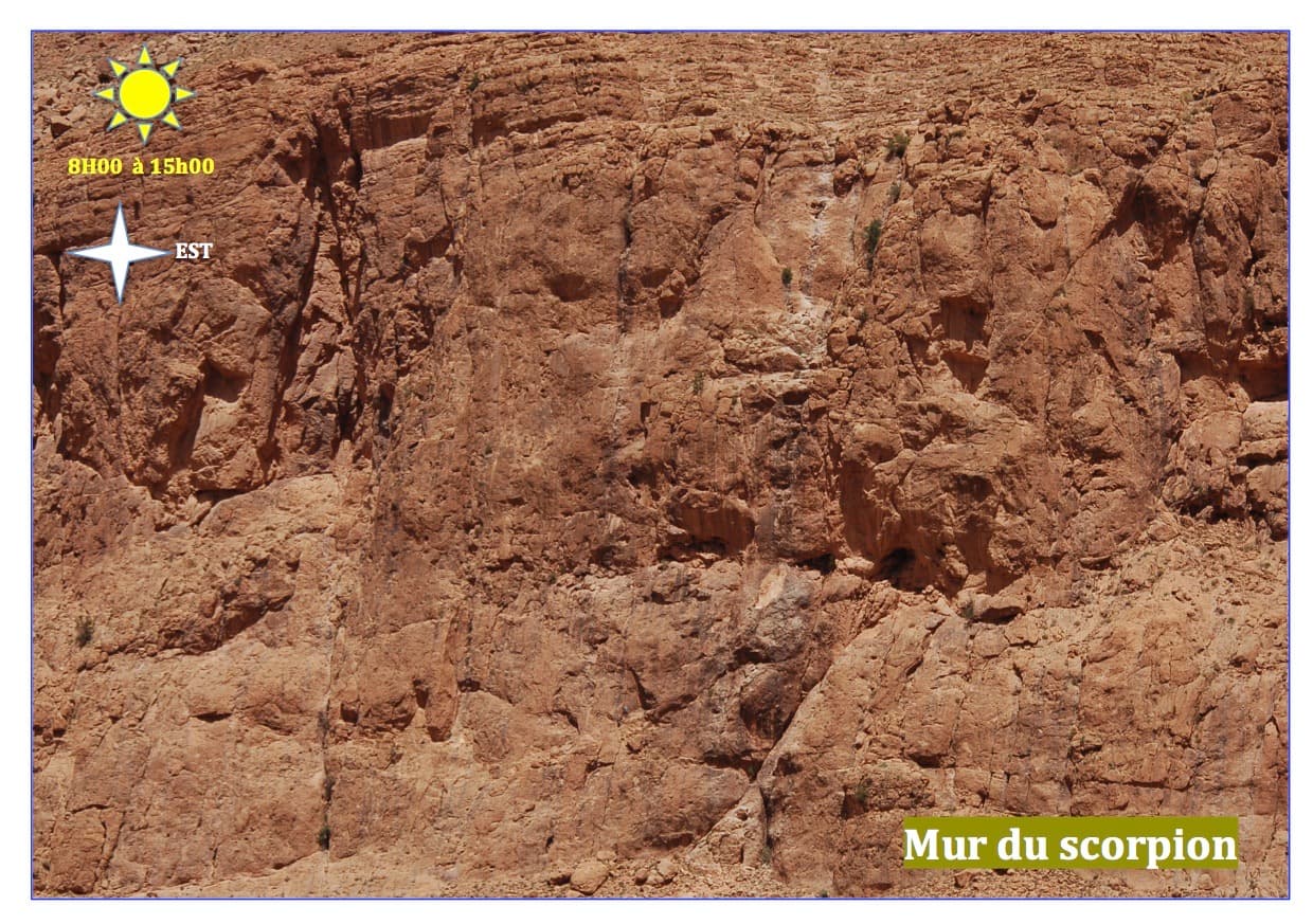 The Mur du Scorpion, in the sun from about 08:00 to 15:00 (image from the local topo team)