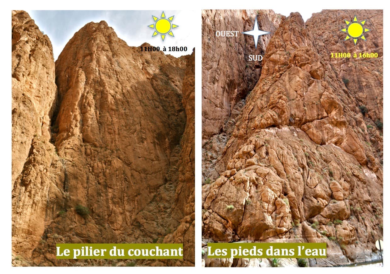 The Pilier du Couchant (left panel) and the Pieds dans l'eau needle (right panel) in the Todra Gorge (image from the local topo team)