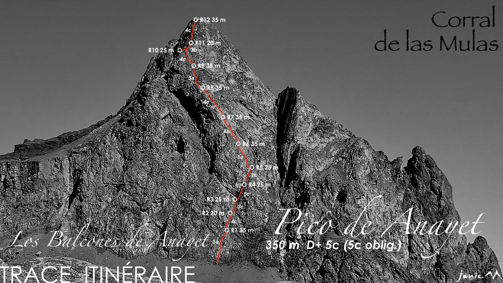 The east face of Pico de Anayet with the line and belays of Los Balcones de Anayet