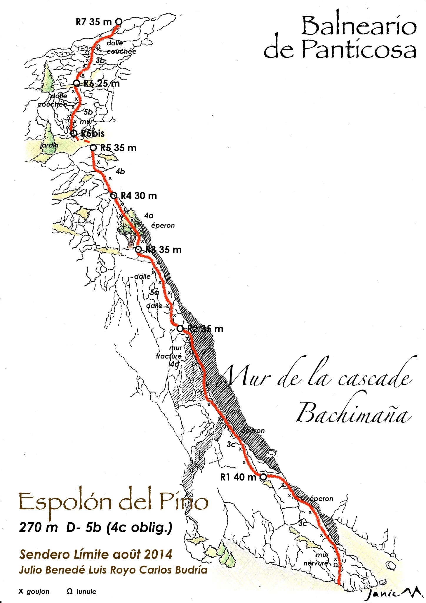 Drawn topo of Espolón del Pino on the Muro de la Cascada de Bachimaña, with bolts, threads and belays marked