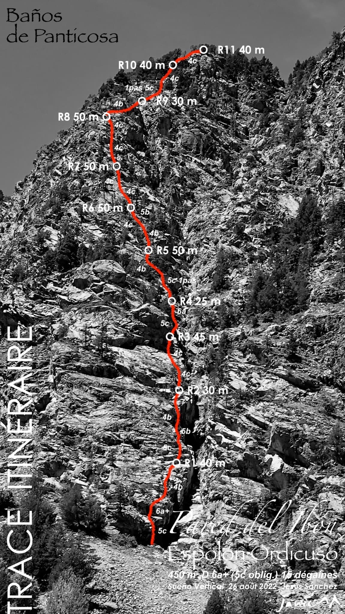The Ordicuso spur above Baños de Panticosa with the line, belays and pitch grades of Espolón Ordicuso