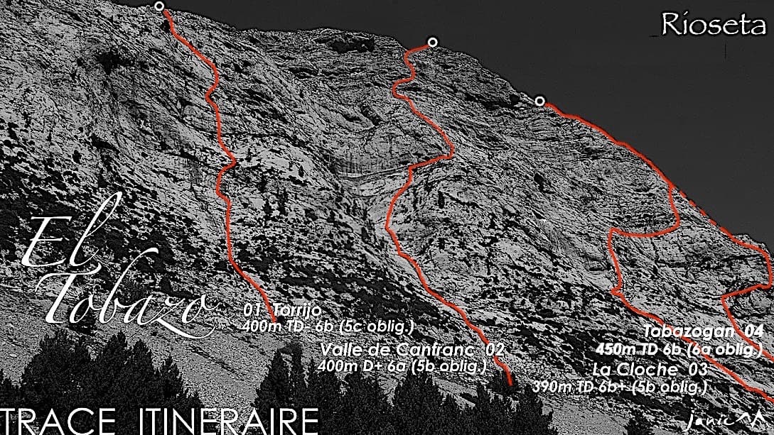 The south face of El Tobazo above Rioseta with its four bolted lines; Torrijo is line 01, on the left