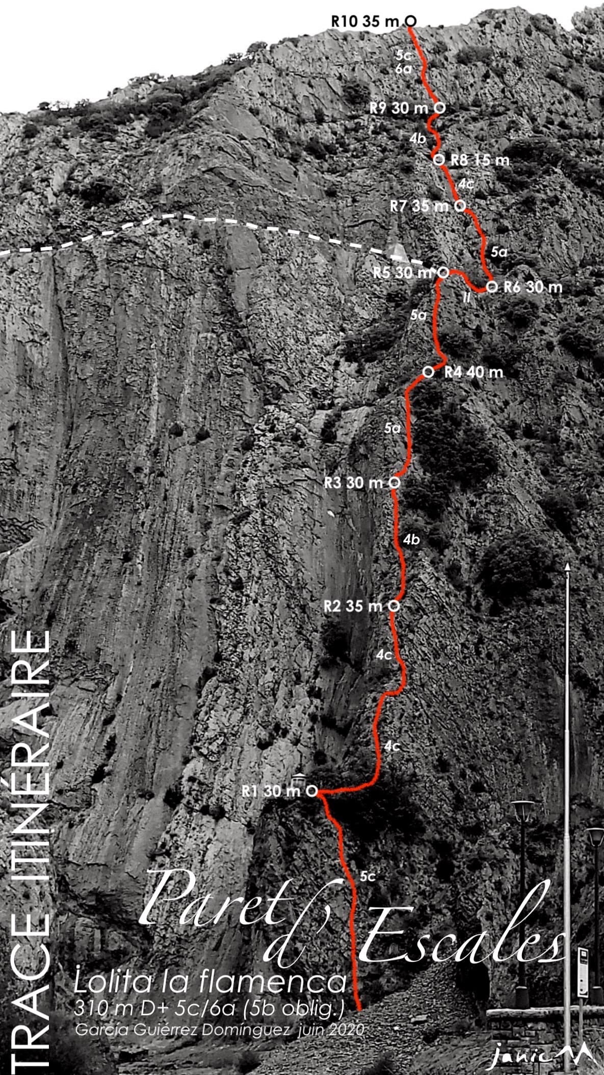 Photo-topo of Lolita la Flamenca on the Paret d'Escales, with belays R1 to R10 and pitch grades.