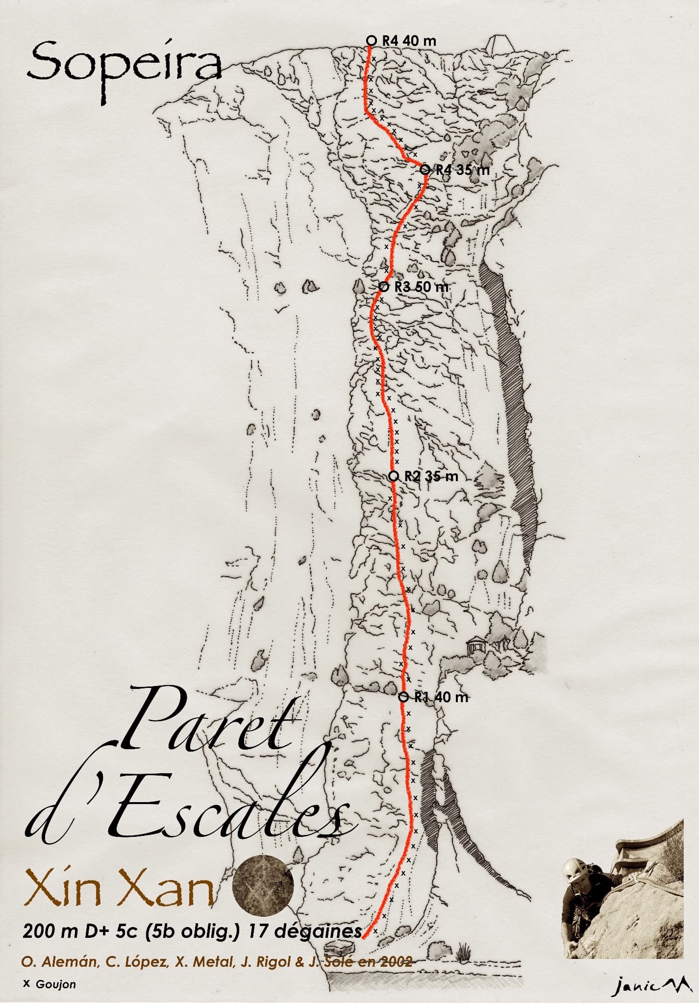 Drawn topo of Xin Xan on the Paret d'Escales, with belays and pitch lengths.