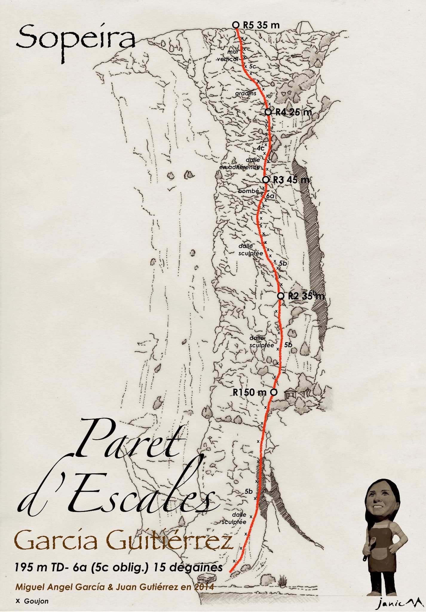 Drawn topo of García-Gutiérrez on the Paret d'Escales, with belays, pitch lengths and grades.